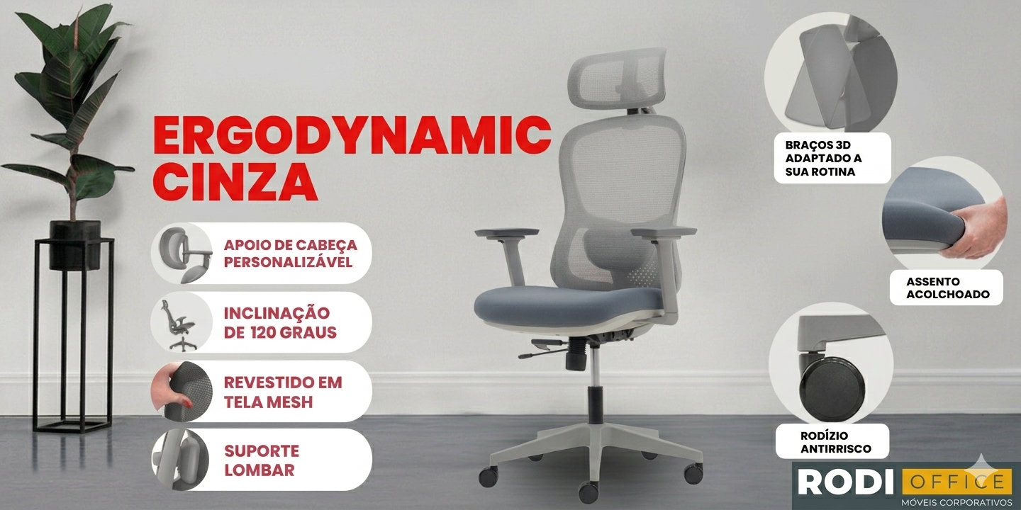 Cadeira Escritório Presidente ErgoDynamic Mesh 3D - Cinza | Suporta 150kg - NR17